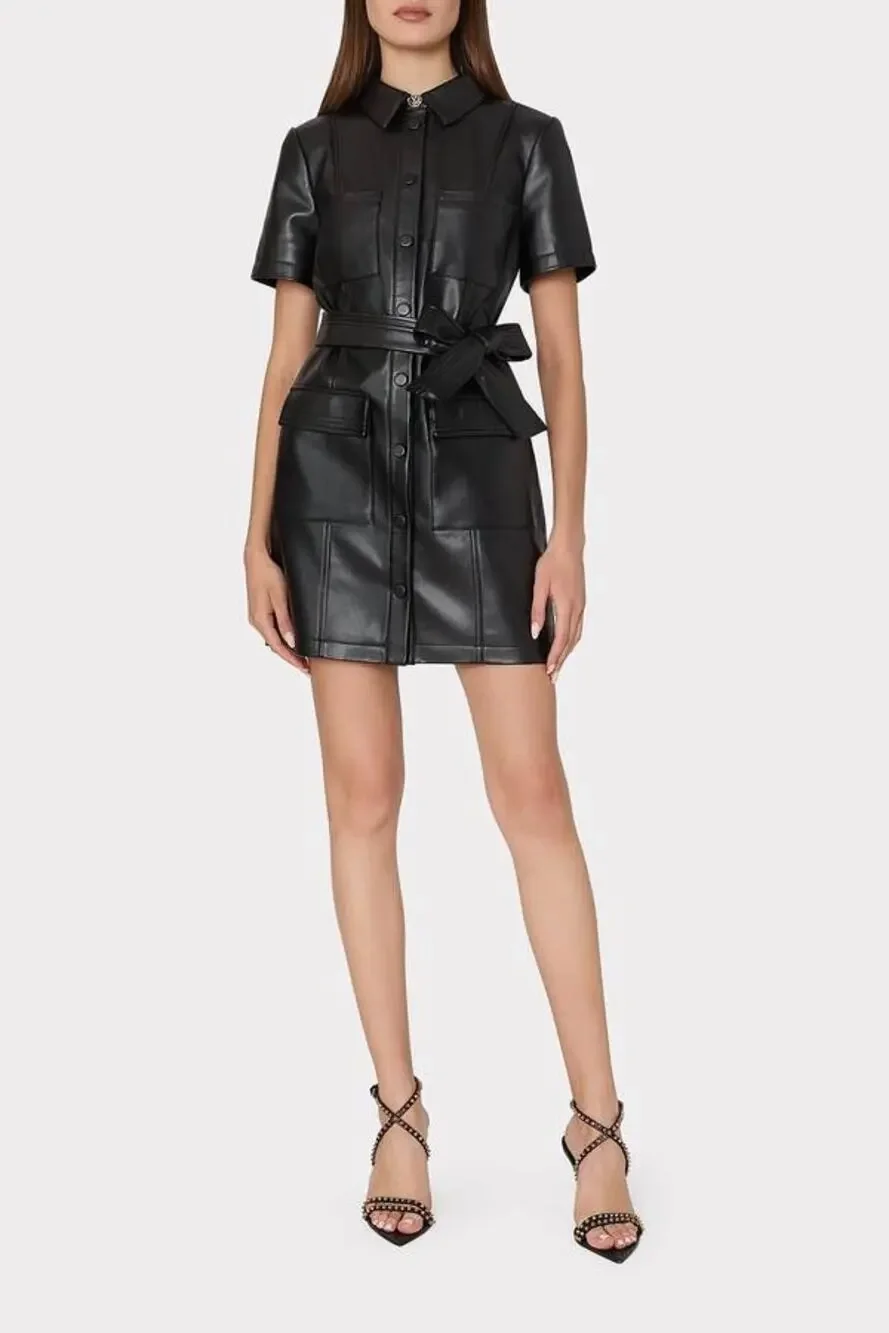 Milly Haven Black Vegan Leather Mini Shirt Dress Size 2 NWT Glamoratti Office